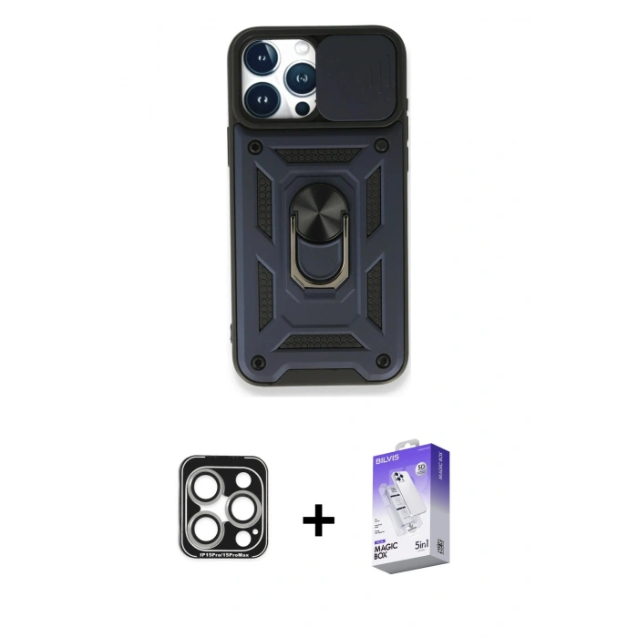 MARSİLYAN™- iPhone 15 Pro Max Kılıf Ahenk Klasik - Siyah Bilvis 5in1 3D Magic Cam Ekran Koruyucu + PVD Metal Kamera Lens - GS