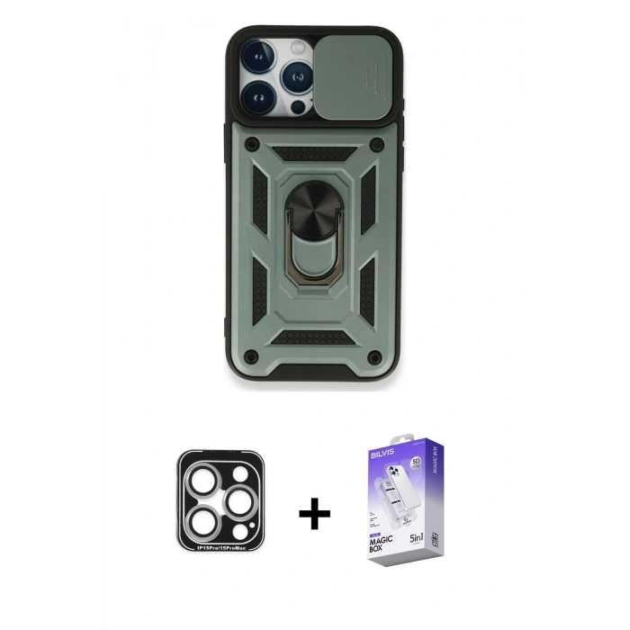 MARSİLYAN™- iPhone 15 Pro Max Kılıf Ahenk Klasik - Siyah Bilvis 5in1 3D Magic Cam Ekran Koruyucu + PVD Metal Kamera Lens - GS