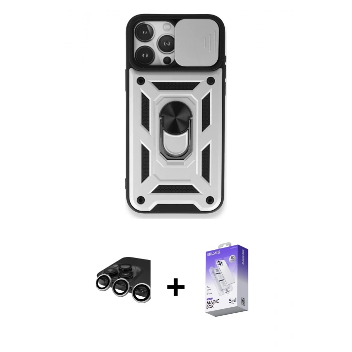 MARSİLYAN™- iPhone 15 Pro Max Kılıf Ahenk Klasik - Siyah Bilvis 5in1 3D Magic Cam Ekran Koruyucu + Gümüş Raze Metal Kamera Lens