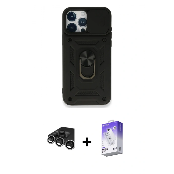 MARSİLYAN™- iPhone 15 Pro Max Kılıf Ahenk Klasik - Siyah Bilvis 5in1 3D Magic Cam Ekran Koruyucu + Gümüş Raze Metal Kamera Lens