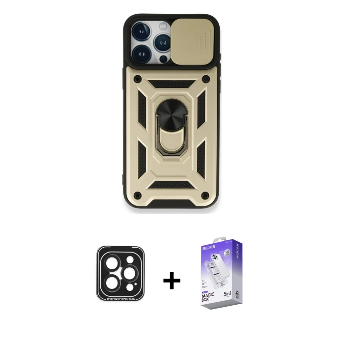 MARSİLYAN™- iPhone 15 Pro Max Kılıf Ahenk Klasik - Siyah Bilvis 5in1 3D Magic Cam Ekran Koruyucu + PVD Metal Kamera Lens - SH