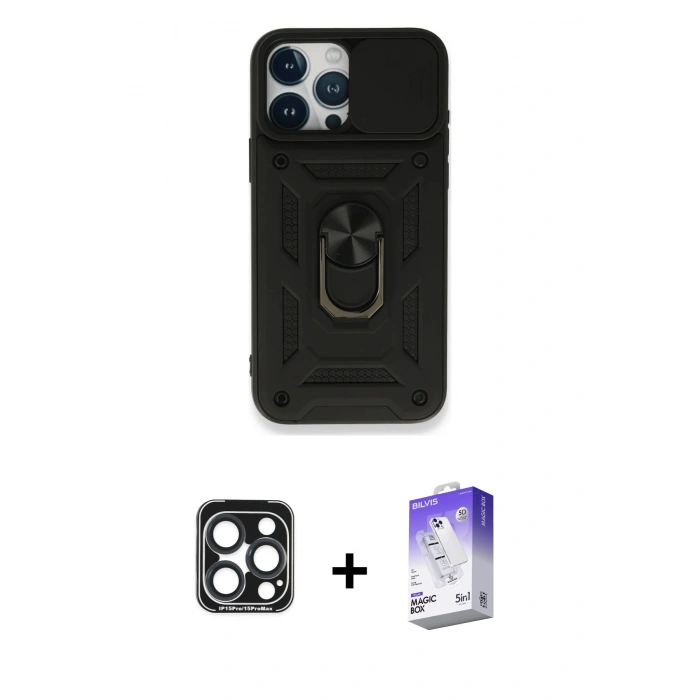 MARSİLYAN™- iPhone 15 Pro Max Kılıf Ahenk Klasik - Siyah Bilvis 5in1 3D Magic Cam Ekran Koruyucu + PVD Metal Kamera Lens - LT