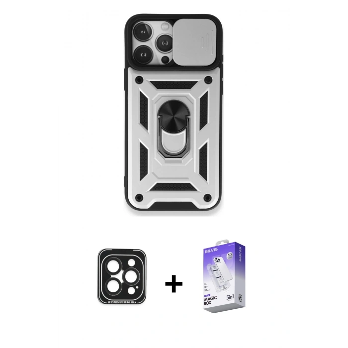 MARSİLYAN™- iPhone 15 Pro Max Kılıf Ahenk Klasik - Siyah Bilvis 5in1 3D Magic Cam Ekran Koruyucu + PVD Metal Kamera Lens - SH