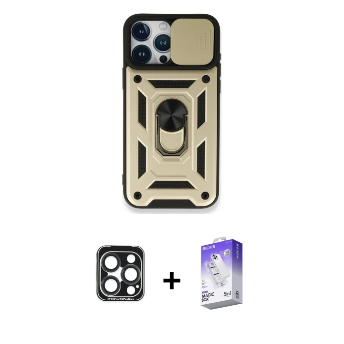 MARSİLYAN™- iPhone 15 Pro Max Kılıf Ahenk Klasik - Siyah Bilvis 5in1 3D Magic Cam Ekran Koruyucu + PVD Metal Kamera Lens - LT