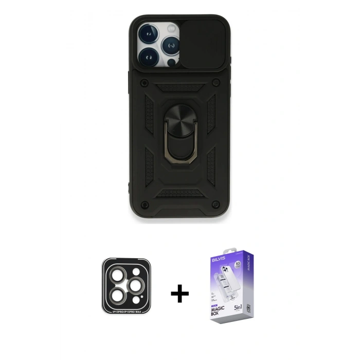 MARSİLYAN™- iPhone 15 Pro Max Kılıf Ahenk Klasik - Siyah Bilvis 5in1 3D Magic Cam Ekran Koruyucu + PVD Metal Kamera Lens - GI