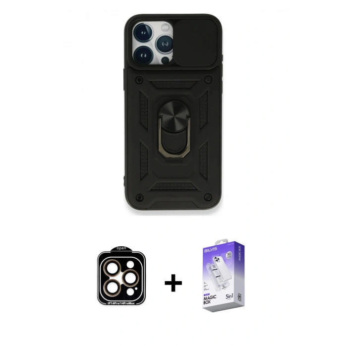 MARSİLYAN™- iPhone 15 Pro Max Kılıf Ahenk Klasik - Siyah Bilvis 5in1 3D Magic Cam Ekran Koruyucu + PVD Metal Kamera Lens - TU