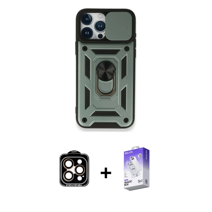 MARSİLYAN™- iPhone 15 Pro Max Kılıf Ahenk Klasik - Siyah Bilvis 5in1 3D Magic Cam Ekran Koruyucu + PVD Metal Kamera Lens - TU