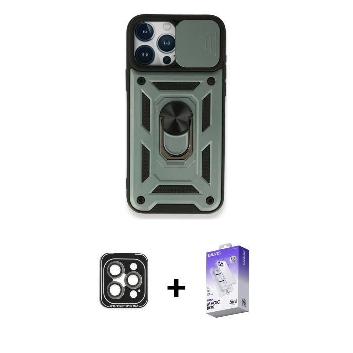 MARSİLYAN™- iPhone 15 Pro Max Kılıf Ahenk Klasik - Siyah Bilvis 5in1 3D Magic Cam Ekran Koruyucu + PVD Metal Kamera Lens - GI