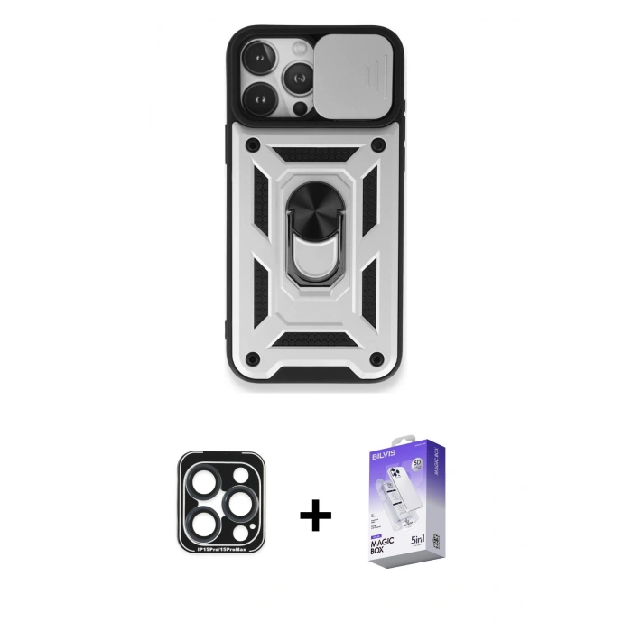 MARSİLYAN™- iPhone 15 Pro Max Kılıf Ahenk Klasik - Siyah Bilvis 5in1 3D Magic Cam Ekran Koruyucu + PVD Metal Kamera Lens - LT