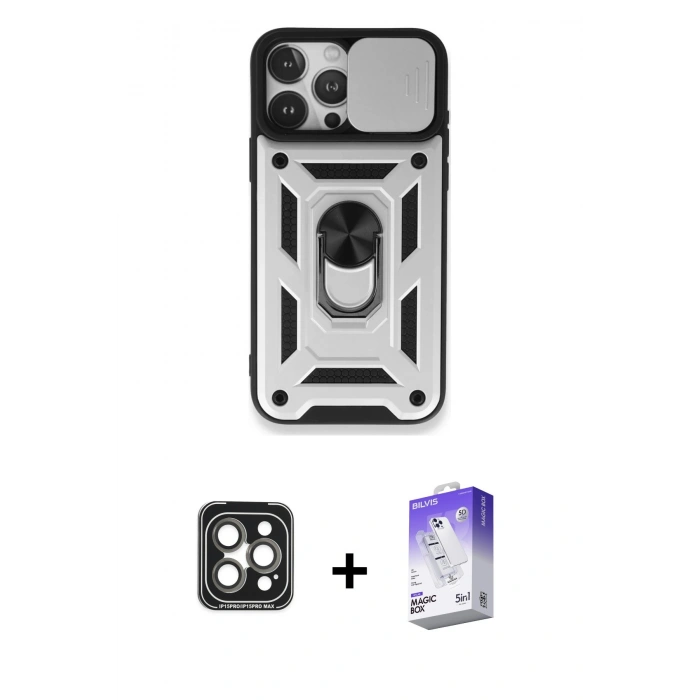 MARSİLYAN™- iPhone 15 Pro Max Kılıf Ahenk Klasik - Siyah Bilvis 5in1 3D Magic Cam Ekran Koruyucu + PVD Metal Kamera Lens - GI