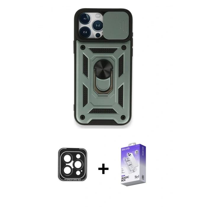MARSİLYAN™- iPhone 15 Pro Max Kılıf Ahenk Klasik - Siyah Bilvis 5in1 3D Magic Cam Ekran Koruyucu + PVD Metal Kamera Lens - SH