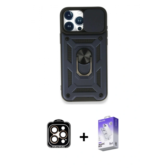 MARSİLYAN™- iPhone 15 Pro Max Kılıf Ahenk Klasik - Siyah Bilvis 5in1 3D Magic Cam Ekran Koruyucu + PVD Metal Kamera Lens - TU
