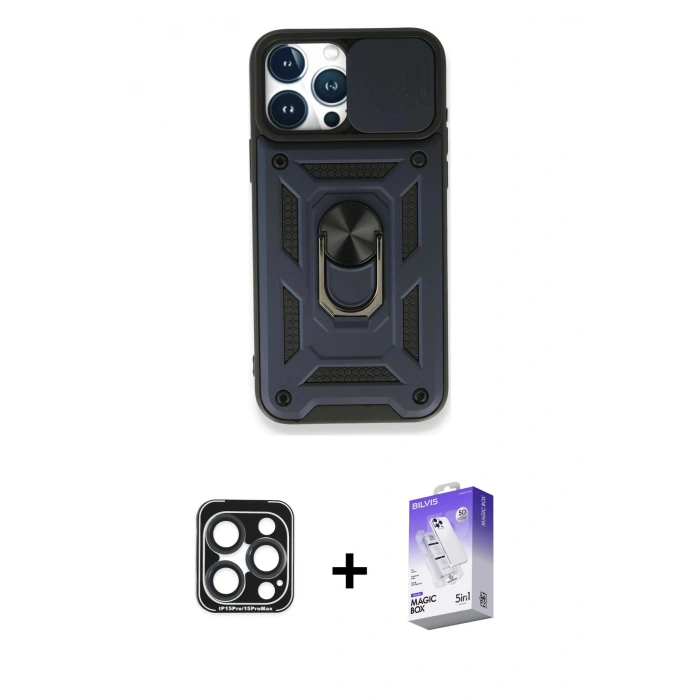MARSİLYAN™- iPhone 15 Pro Max Kılıf Ahenk Klasik - Siyah Bilvis 5in1 3D Magic Cam Ekran Koruyucu + PVD Metal Kamera Lens - LT