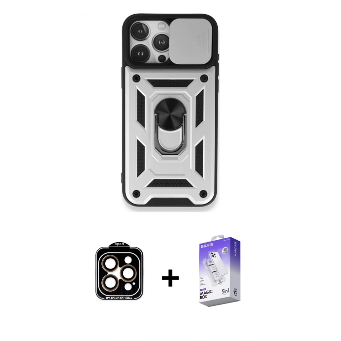 MARSİLYAN™- iPhone 15 Pro Max Kılıf Ahenk Klasik - Siyah Bilvis 5in1 3D Magic Cam Ekran Koruyucu + PVD Metal Kamera Lens - TU