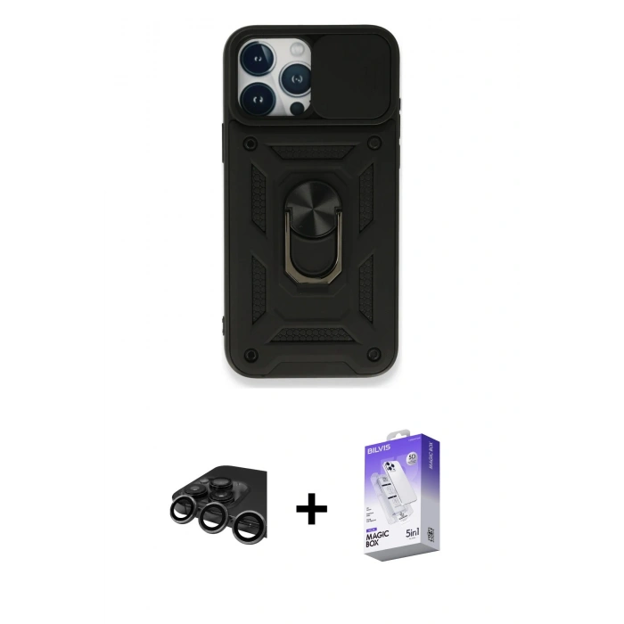 MARSİLYAN™- iPhone 15 Pro Max Kılıf Ahenk Klasik - Siyah Bilvis 5in1 3D Magic Cam Ekran Koruyucu + Raze Metal Kamera Lens - TMGI