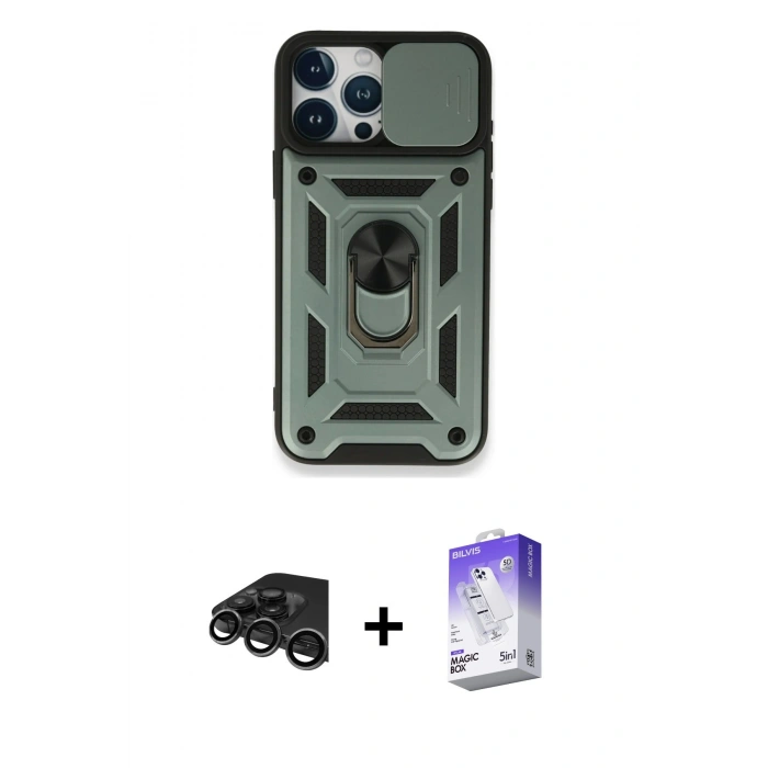 MARSİLYAN™- iPhone 15 Pro Max Kılıf Ahenk Klasik - Siyah Bilvis 5in1 3D Magic Cam Ekran Koruyucu + Raze Metal Kamera Lens - TMGI