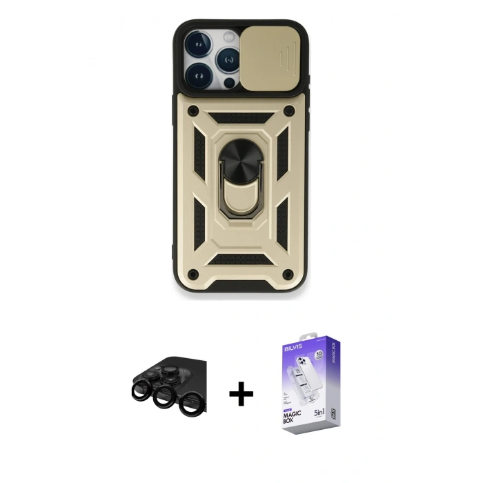 MARSİLYAN™- iPhone 15 Pro Max Kılıf Ahenk Klasik - Siyah Bilvis 5in1 3D Magic Cam Ekran Koruyucu + Raze Metal Kamera Lens - SH