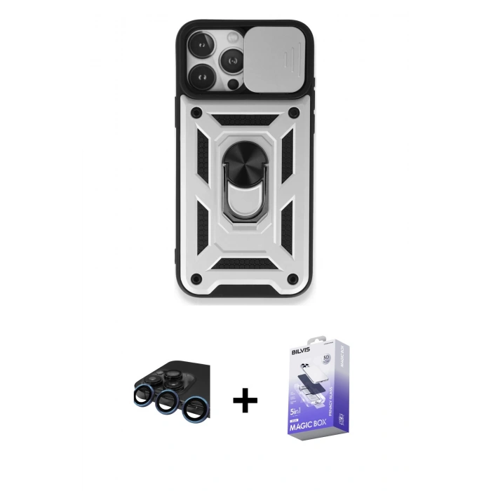 MARSİLYAN™- iPhone 15 Pro Max Kılıf Ahenk Klasik - Siyah Bilvis 5in1 5D Magic Hayalet Cam Ekran Koruyucu + Raze Metal Kamera Lens - LT
