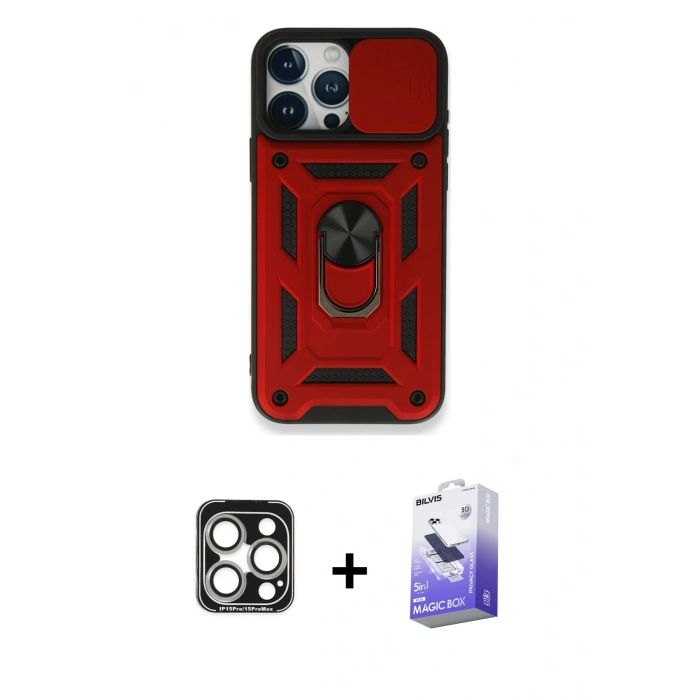 MARSİLYAN™- iPhone 15 Pro Max Kılıf Ahenk Klasik - Siyah Bilvis 5in1 5D Magic Hayalet Cam Ekran Koruyucu + PVD Metal Kamera Lens - GS