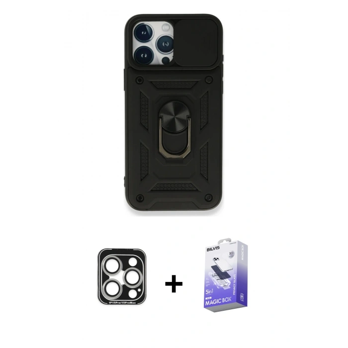 MARSİLYAN™- iPhone 15 Pro Max Kılıf Ahenk Klasik - Siyah Bilvis 5in1 5D Magic Hayalet Cam Ekran Koruyucu + Gümüş PVD Metal Kamera Lens