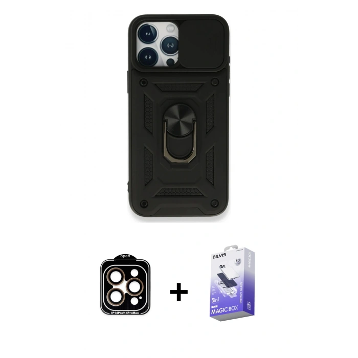 MARSİLYAN™- iPhone 15 Pro Max Kılıf Ahenk Klasik - Siyah Bilvis 5in1 5D Magic Hayalet Cam Ekran Koruyucu + PVD Metal Kamera Lens - TU
