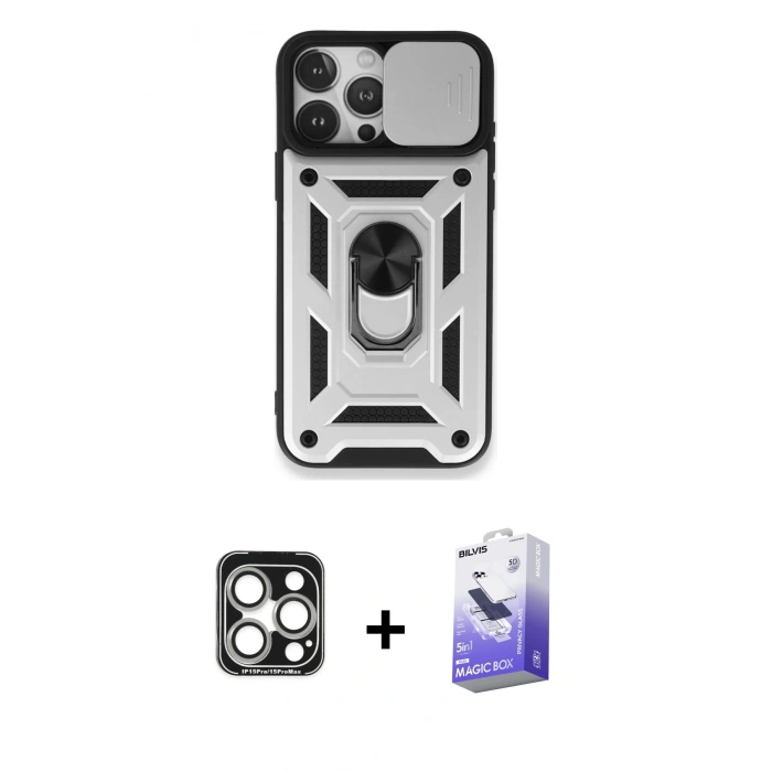 MARSİLYAN™- iPhone 15 Pro Max Kılıf Ahenk Klasik - Siyah Bilvis 5in1 5D Magic Hayalet Cam Ekran Koruyucu + Gümüş PVD Metal Kamera Lens
