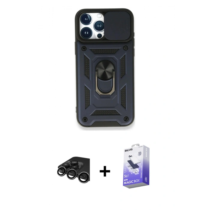 MARSİLYAN™- iPhone 15 Pro Max Kılıf Ahenk Klasik - Siyah Bilvis 5in1 5D Magic Hayalet Cam Ekran Koruyucu + Raze Metal Kamera Lens - TMGI