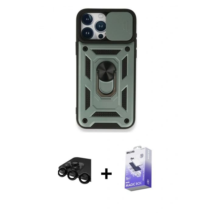 MARSİLYAN™- iPhone 15 Pro Max Kılıf Ahenk Klasik - Siyah Bilvis 5in1 5D Magic Hayalet Cam Ekran Koruyucu + Raze Metal Kamera Lens - SH