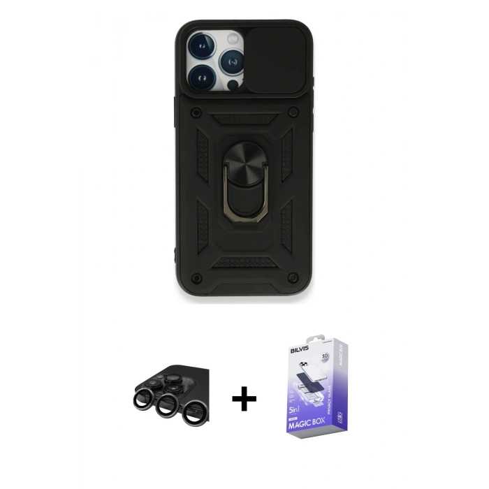 MARSİLYAN™- iPhone 15 Pro Max Kılıf Ahenk Klasik - Siyah Bilvis 5in1 5D Magic Hayalet Cam Ekran Koruyucu + Raze Metal Kamera Lens - TMGI