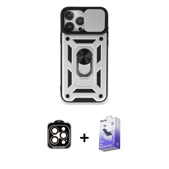 MARSİLYAN™- iPhone 15 Pro Max Kılıf Ahenk Klasik - Siyah Bilvis 5in1 5D Magic Hayalet Cam Ekran Koruyucu + PVD Metal Kamera Lens - TU