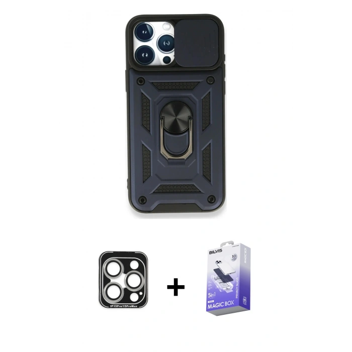MARSİLYAN™- iPhone 15 Pro Max Kılıf Ahenk Klasik - Siyah Bilvis 5in1 5D Magic Hayalet Cam Ekran Koruyucu + Gümüş PVD Metal Kamera Lens