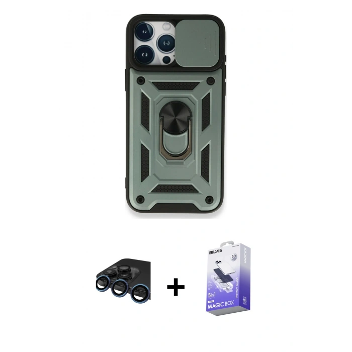 MARSİLYAN™- iPhone 15 Pro Max Kılıf Ahenk Klasik - Siyah Bilvis 5in1 5D Magic Hayalet Cam Ekran Koruyucu + Raze Metal Kamera Lens - LT