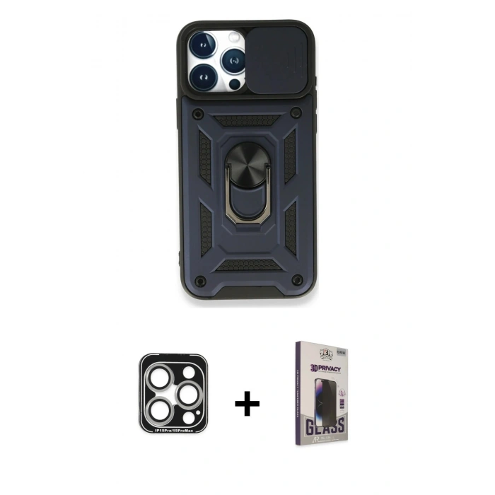 MARSİLYAN™- iPhone 15 Pro Max Kılıf Ahenk Klasik - Siyah Bilvis Hayalet Cam Ekran Koruyucu + PVD Metal Kamera Lens - GS