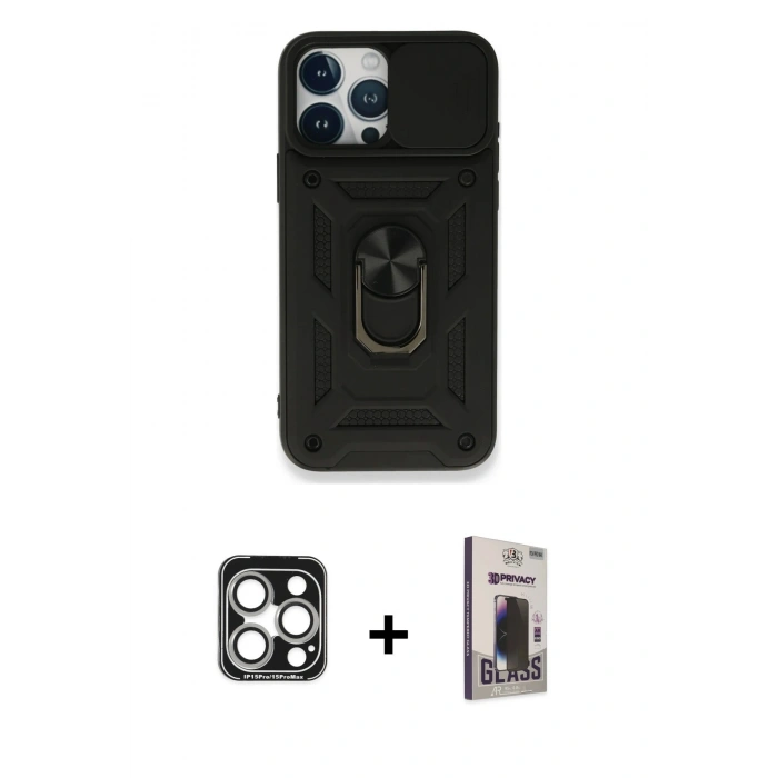 MARSİLYAN™- iPhone 15 Pro Max Kılıf Ahenk Klasik - Siyah Bilvis Hayalet Cam Ekran Koruyucu + PVD Metal Kamera Lens - GS