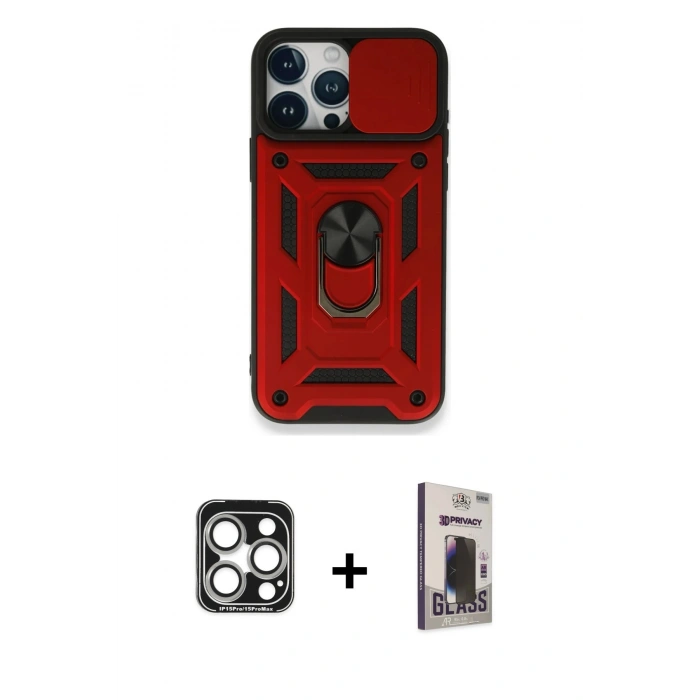 MARSİLYAN™- iPhone 15 Pro Max Kılıf Ahenk Klasik - Siyah Bilvis Hayalet Cam Ekran Koruyucu + PVD Metal Kamera Lens - GS