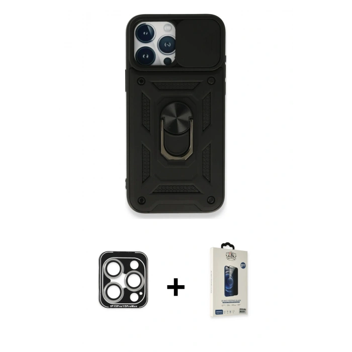 MARSİLYAN™- iPhone 15 Pro Max Kılıf Ahenk Klasik - Siyah Bilvis Hayalet Cam Ekran Koruyucu + PVD Metal Kamera Lens - GS
