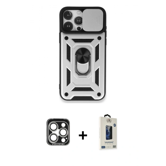 MARSİLYAN™- iPhone 15 Pro Max Kılıf Ahenk Klasik - Siyah Bilvis Hayalet Cam Ekran Koruyucu + PVD Metal Kamera Lens - GS