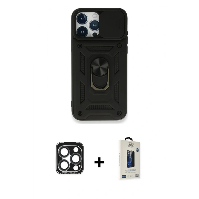 MARSİLYAN™- iPhone 15 Pro Max Kılıf Ahenk Klasik - Siyah Bilvis Hayalet Cam Ekran Koruyucu + PVD Metal Kamera Lens - LT