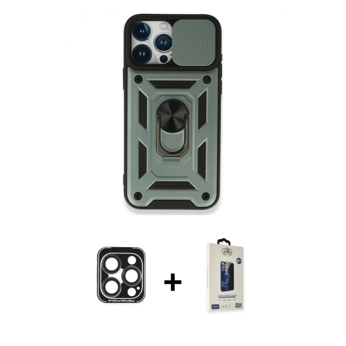MARSİLYAN™- iPhone 15 Pro Max Kılıf Ahenk Klasik - Siyah Bilvis Hayalet Cam Ekran Koruyucu + PVD Metal Kamera Lens - LT