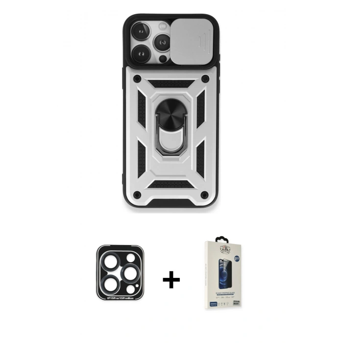MARSİLYAN™- iPhone 15 Pro Max Kılıf Ahenk Klasik - Siyah Bilvis Hayalet Cam Ekran Koruyucu + PVD Metal Kamera Lens - LT