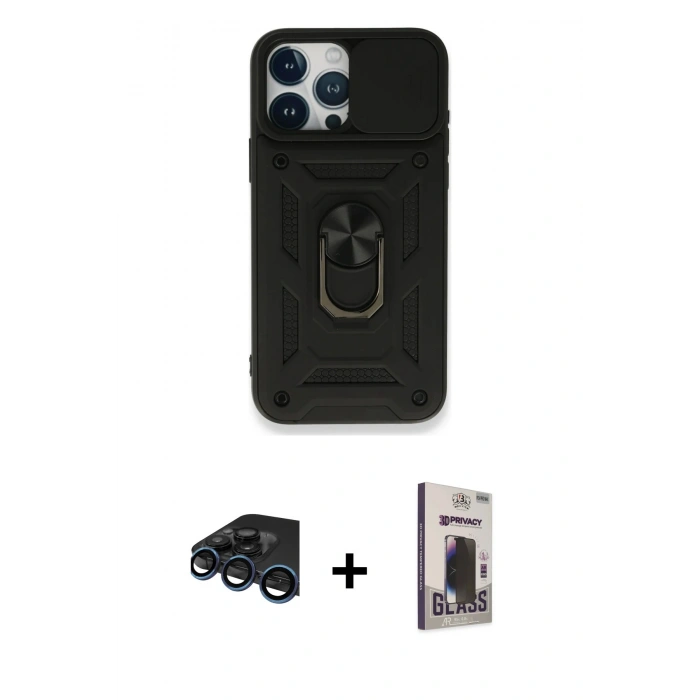 MARSİLYAN™- iPhone 15 Pro Max Kılıf Ahenk Klasik - Siyah Bilvis Hayalet Cam Ekran Koruyucu + Raze Metal Kamera Lens - LT