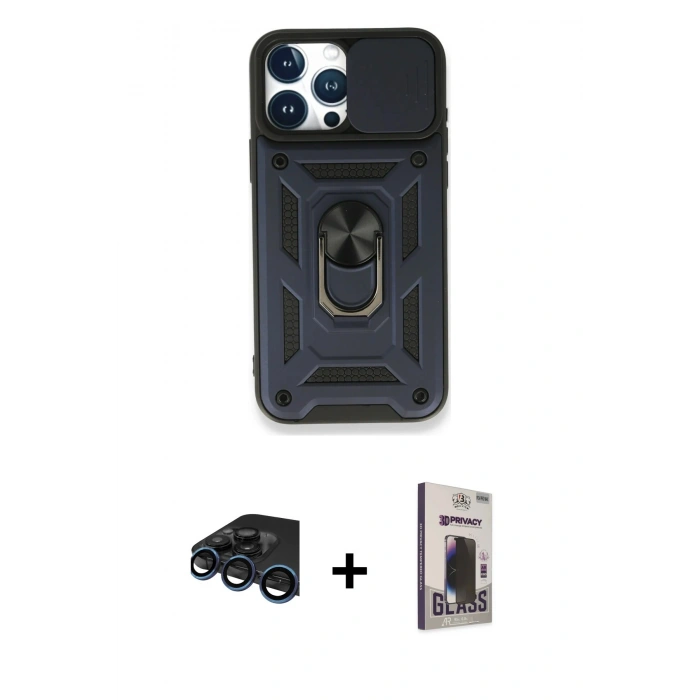 MARSİLYAN™- iPhone 15 Pro Max Kılıf Ahenk Klasik - Siyah Bilvis Hayalet Cam Ekran Koruyucu + Raze Metal Kamera Lens - LT
