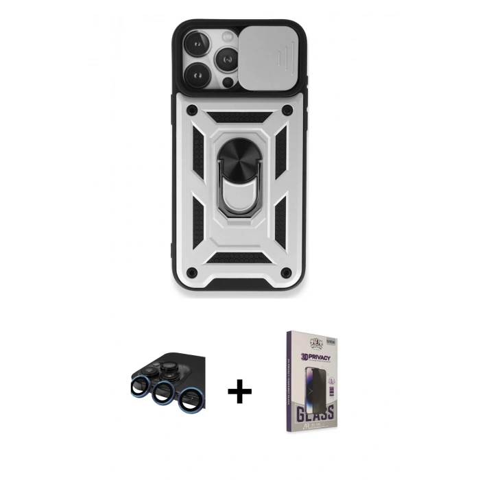 MARSİLYAN™- iPhone 15 Pro Max Kılıf Ahenk Klasik - Siyah Bilvis Hayalet Cam Ekran Koruyucu + Raze Metal Kamera Lens - LT