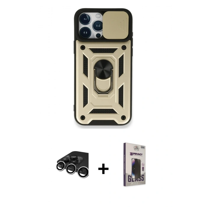 MARSİLYAN™- iPhone 15 Pro Max Kılıf Ahenk Klasik - Siyah Bilvis Hayalet Cam Ekran Koruyucu + Raze Metal Kamera Lens - GS