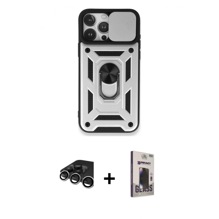MARSİLYAN™- iPhone 15 Pro Max Kılıf Ahenk Klasik - Siyah Bilvis Hayalet Cam Ekran Koruyucu + Raze Metal Kamera Lens - GS
