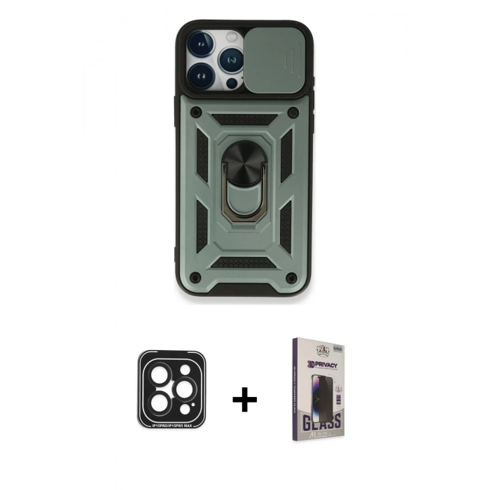 MARSİLYAN™- iPhone 15 Pro Max Kılıf Ahenk Klasik - Siyah Bilvis Hayalet Cam Ekran Koruyucu + PVD Metal Kamera Lens - SH