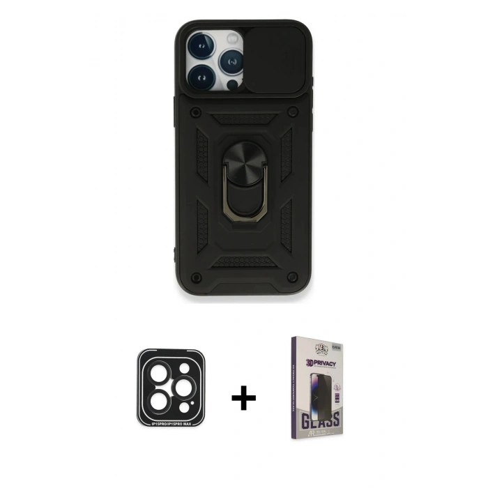 MARSİLYAN™- iPhone 15 Pro Max Kılıf Ahenk Klasik - Siyah Bilvis Hayalet Cam Ekran Koruyucu + PVD Metal Kamera Lens - SH