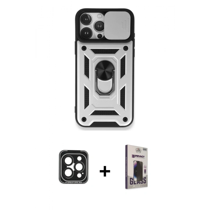 MARSİLYAN™- iPhone 15 Pro Max Kılıf Ahenk Klasik - Siyah Bilvis Hayalet Cam Ekran Koruyucu + PVD Metal Kamera Lens - SH