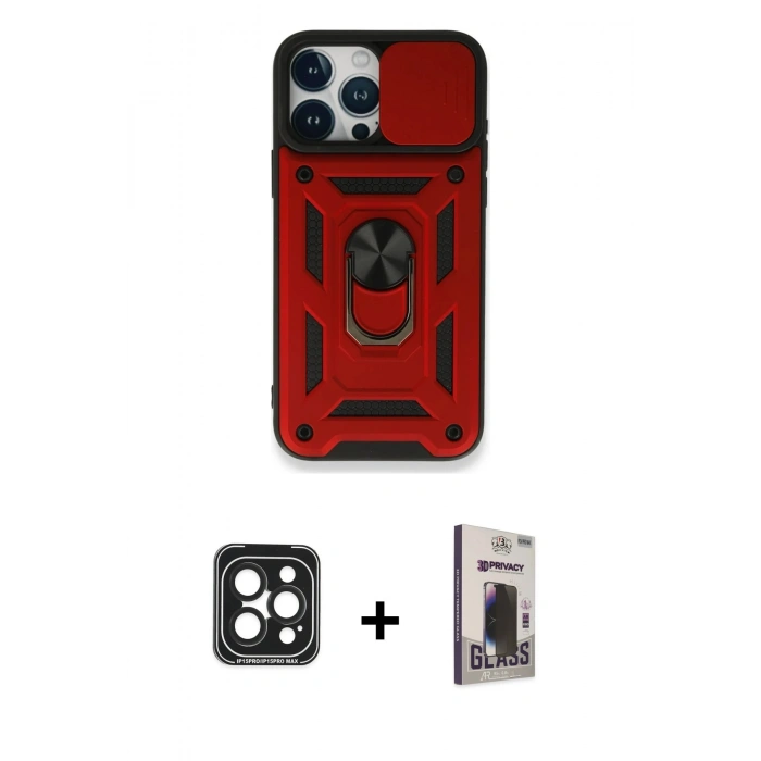 MARSİLYAN™- iPhone 15 Pro Max Kılıf Ahenk Klasik - Siyah Bilvis Hayalet Cam Ekran Koruyucu + PVD Metal Kamera Lens - SH
