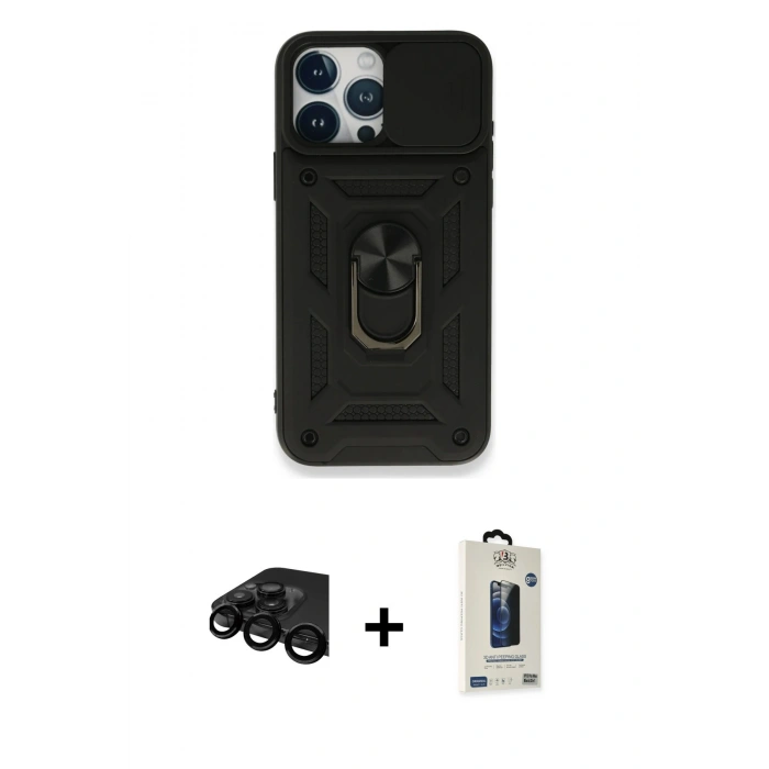 MARSİLYAN™- iPhone 15 Pro Max Kılıf Ahenk Klasik - Siyah Bilvis Hayalet Cam Ekran Koruyucu + Raze Metal Kamera Lens - SH